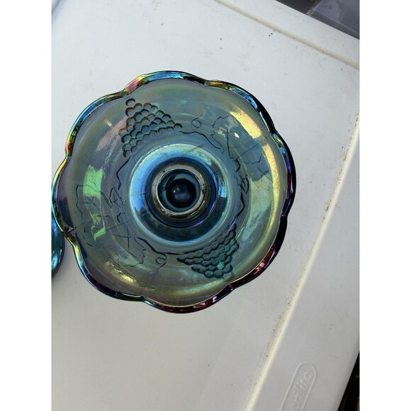 Blue Carnival Glass Harvest Grape Candle Holders - Picture 5 of 8